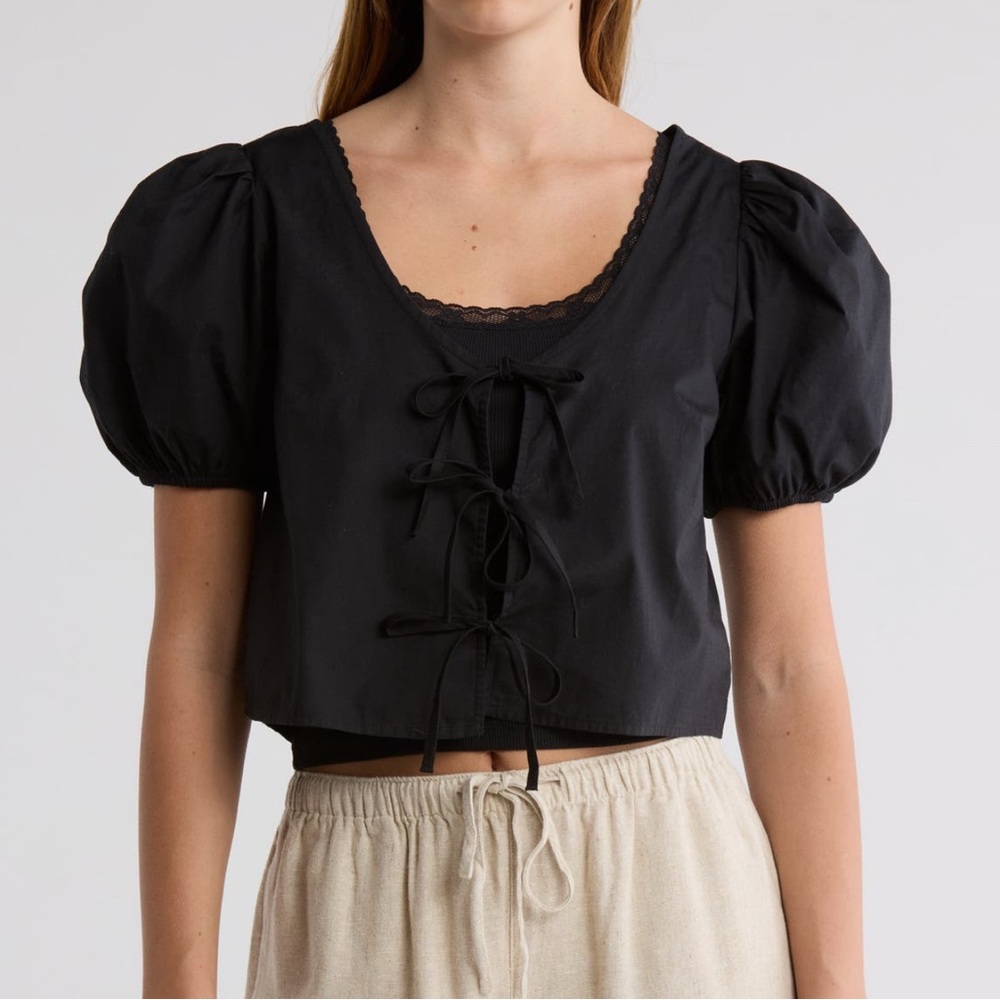 Abound Tie Front Cotton Poplin Crop Top - Black